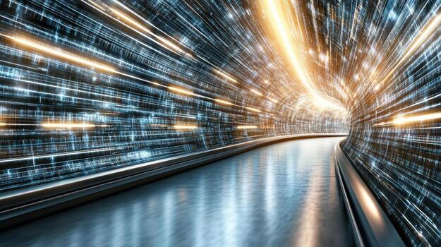 A tunnel with a light trail and data lines photo