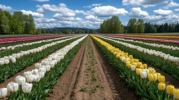 A field of tulips with rows of white and yellow flowers photo