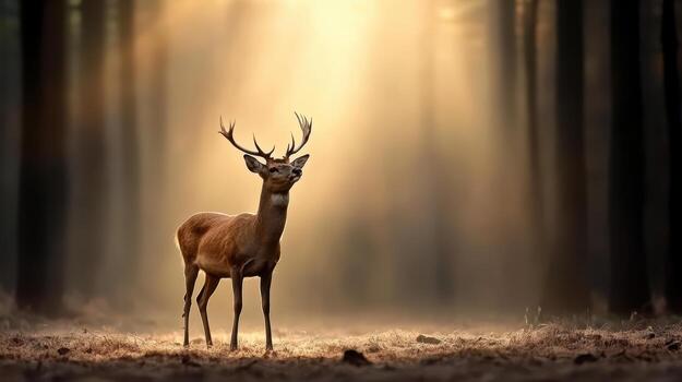 A deer stands in the woods with sunlight shining through the trees photo
