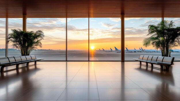 un vacío aeropuerto terminal con bancos y un ver de el puesta de sol foto