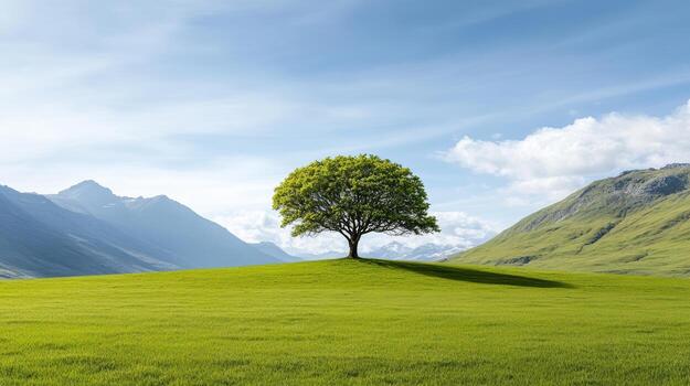 Lone tree stands majestically in peaceful valley surrounded by mountains and lush greenery photo