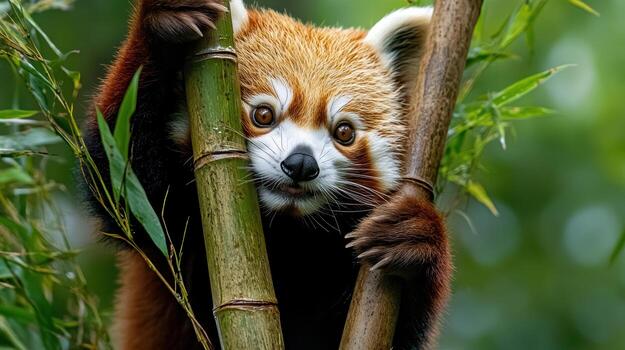 A red panda is peeking out from behind a bamboo tree photo