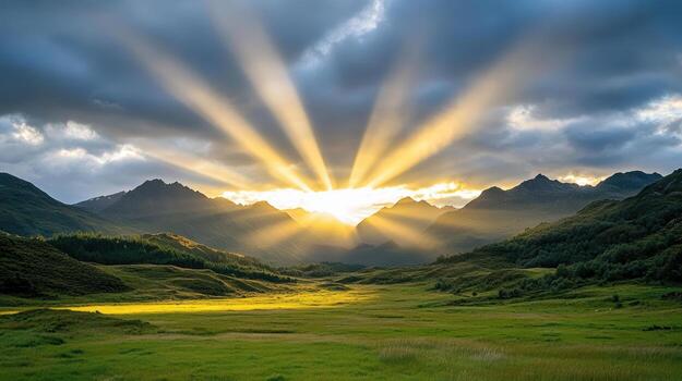Sunbeams shining over a valley with grass and mountains photo