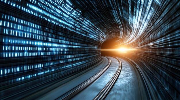 A train going through a tunnel with data on the walls photo