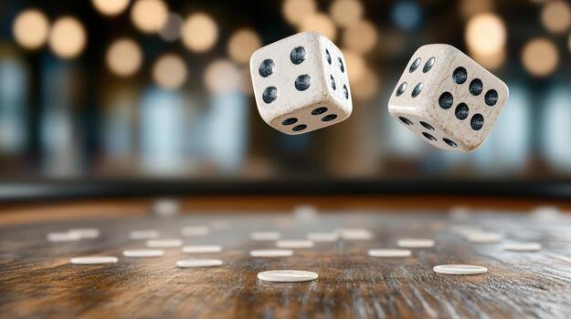 Dice falling from the top of a table photo