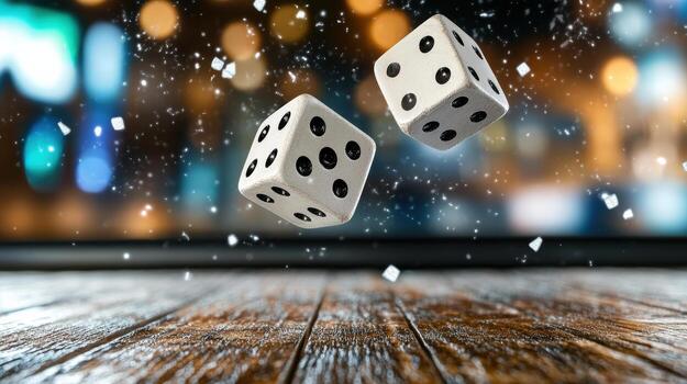 Two dice falling on a wooden table photo