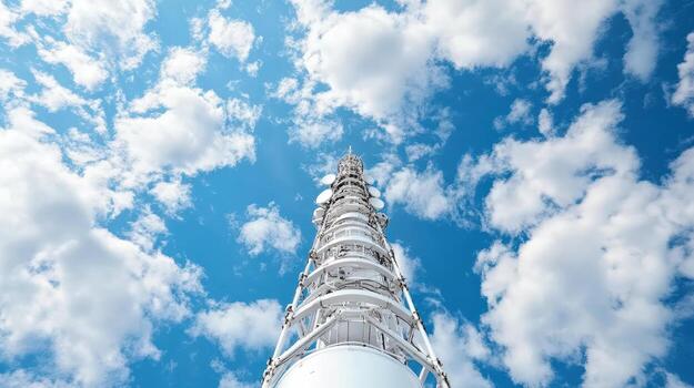 A cell tower with a blue sky and clouds photo