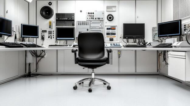 A computer room with multiple monitors and keyboards photo