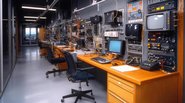 A room with many electronic devices on a desk photo