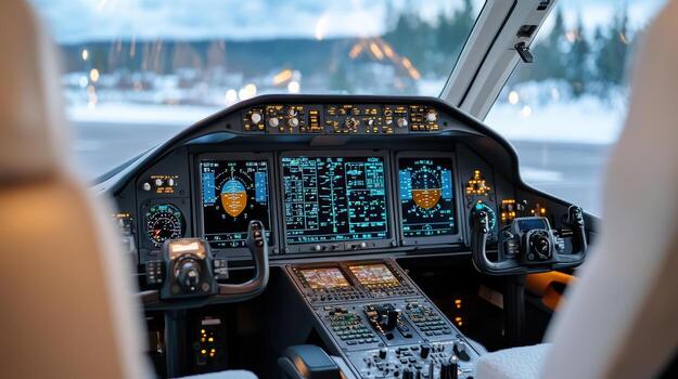 The cockpit of a private jet with the controls and instruments on photo