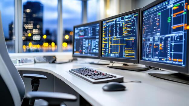 A desk with three computer monitors and a keyboard photo