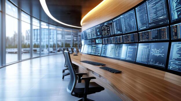 A large monitor with multiple screens in front of a large window photo