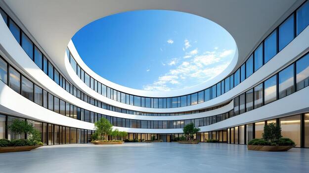 Modern office building with circular windows and a sky view photo