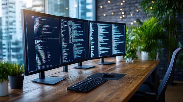 Three computer monitors on a desk in front of a window photo