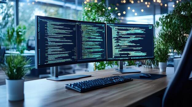 Two computer monitors on a desk in front of a window photo