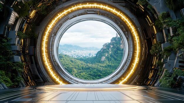 A futuristic spaceship with a circular window in the middle photo