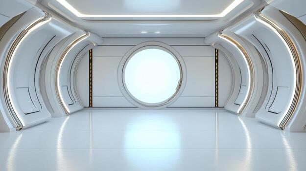 A white room with a large round window photo