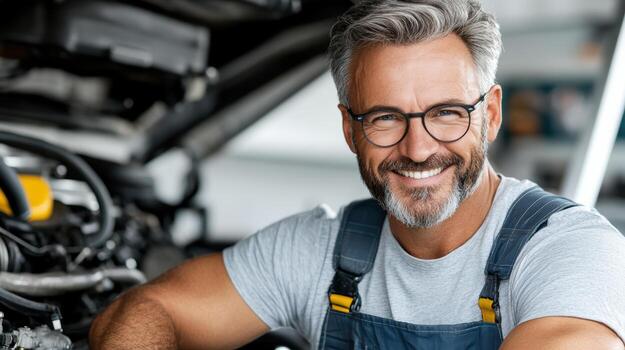 A man with glasses and a beard sitting in front of a car photo