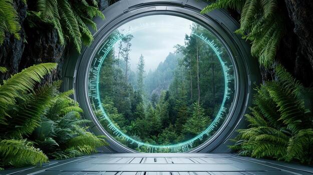 A futuristic tunnel with a circular door in the middle of a forest photo