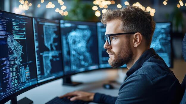 A man in glasses is looking at a computer screen with multiple screens photo