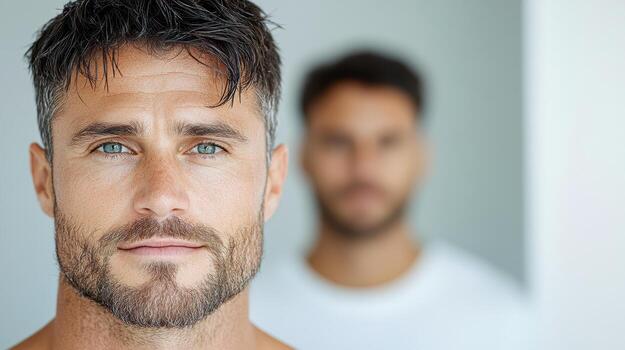 A man is looking at the camera with another man in the background photo