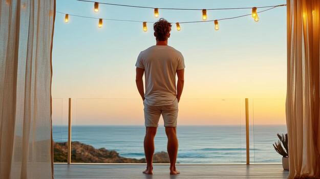 A man standing on a balcony looking out at the ocean photo
