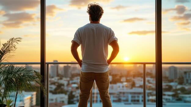 A man standing in front of a window looking out at the sunset photo