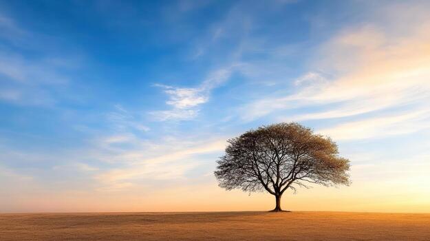 A lone tree stands in a field with a blue sky photo