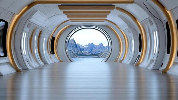 A long tunnel with a view of a mountain photo