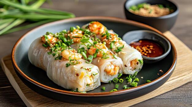 A plate with shrimp rolls on it photo