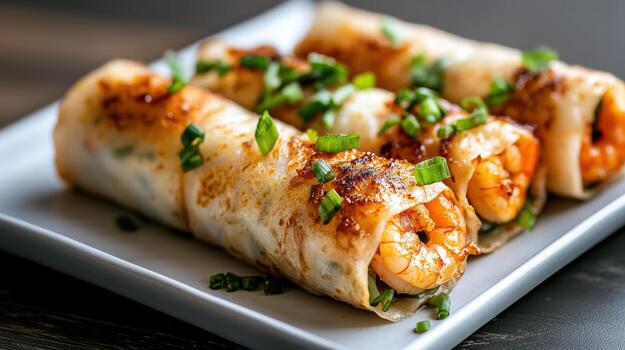 Shrimp spring rolls with green onions photo