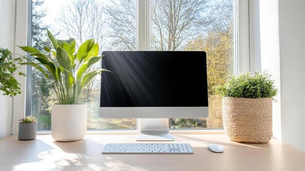 A computer monitor, keyboard and mouse are sitting on a desk near a window photo