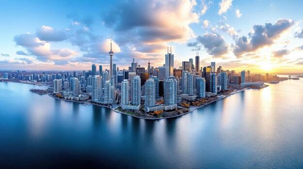 The toronto skyline is seen from above in this photo