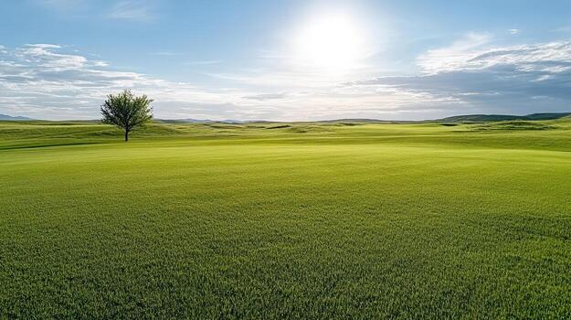 A green golf course with a lone tree in the middle photo