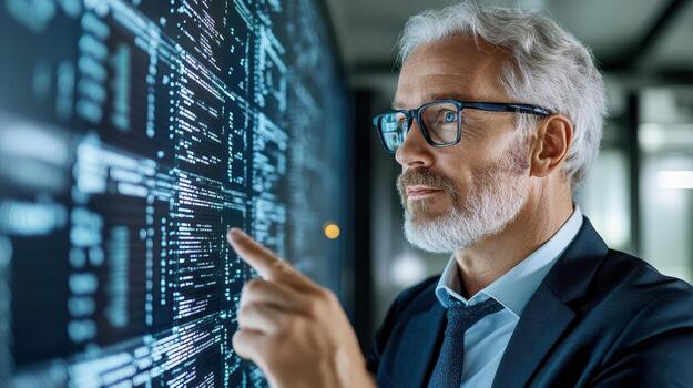 A man in a suit and glasses pointing at a computer screen photo