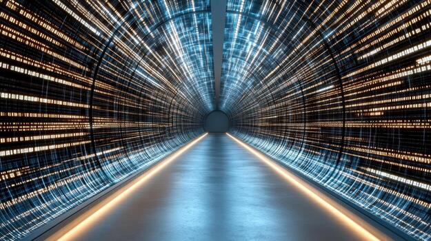 A long tunnel with many lights and a long line of data photo