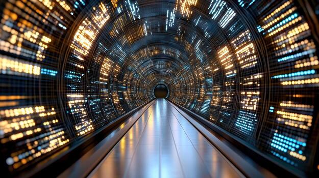 A tunnel with many lights and a moving conveyor belt photo