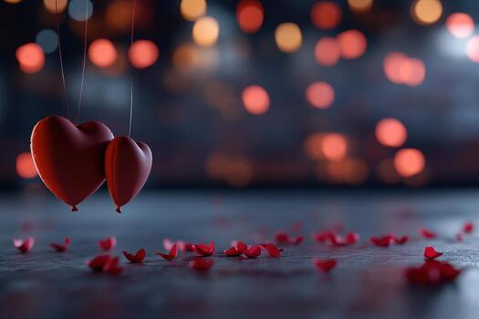 Two red hearts, floating on strings, surrounded by rose petals and bokeh lights photo