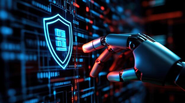 robótico mano interactúa con digital seguridad proteger en un futurista interfaz foto