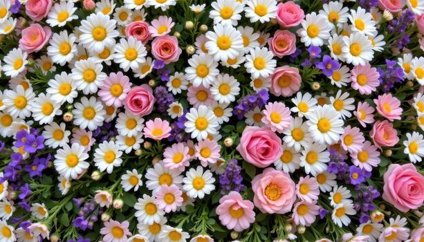a rustic meadow wall of daisies, lavender, and wild roses arranged naturally and softly. photo