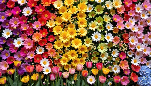 a playful rainbow wall of daisies, tulips, and hydrangeas forming colorful joyful patterns. photo