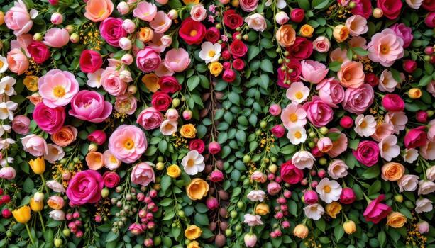 a luxurious floral wall filled with cascading peonies, bright tulips, and lush ivy in vivid patterns. photo