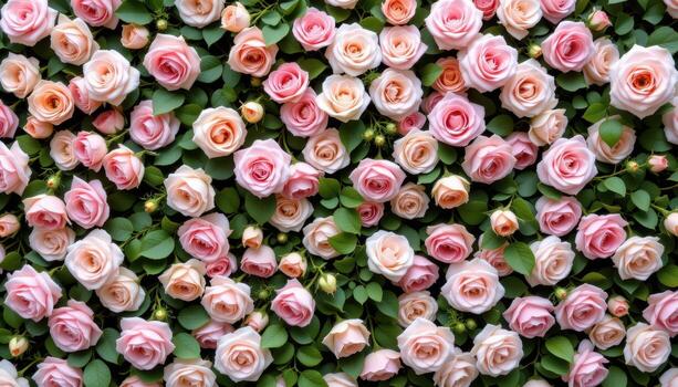 a romantic garden flower wall of roses, hydrangeas, and delicate trailing ivy in soft textures. photo