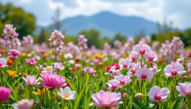 a lush spring field with emerald grass, pastel roses, and blooming orchids filling the open air. photo