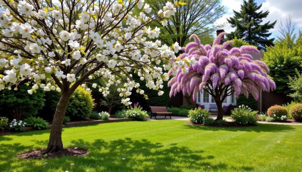 a dreamy spring lawn with flowering apple trees and cascading wisteria. photo