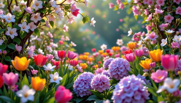 a magical floral landscape with fragrant jasmine, bright tulips, and lush hydrangeas swaying gently. photo