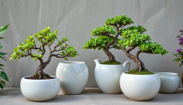 ceramic pots with smooth white finishes holding bonsai trees, creating a serene calming corner. photo