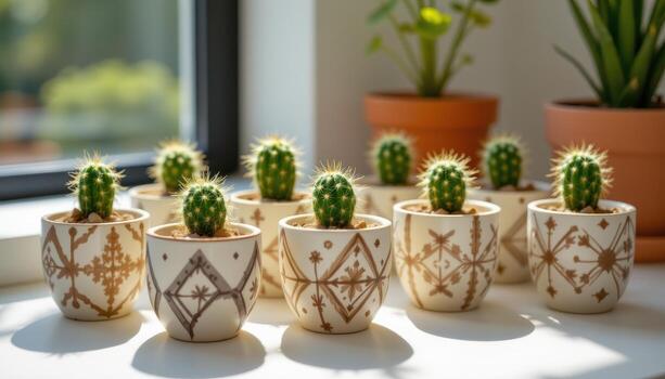 a minimalist display of ceramic pots with geometric patterns holding small cacti in sunlight. photo