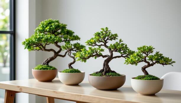 elegant bonsai trees in smooth ceramic pots placed carefully along a modern minimalist table edge. photo