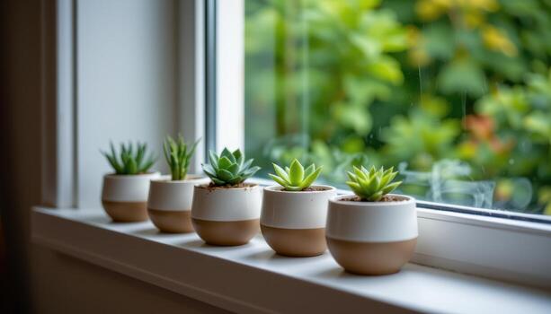 small ceramic pots lined along a window ledge, holding tiny succulents for a minimal modern touch. photo